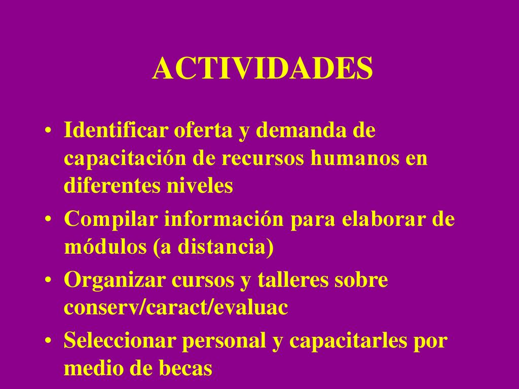 ACTIVIDADES Identificar oferta y demanda de capacitación de recursos humanos en diferentes niveles.