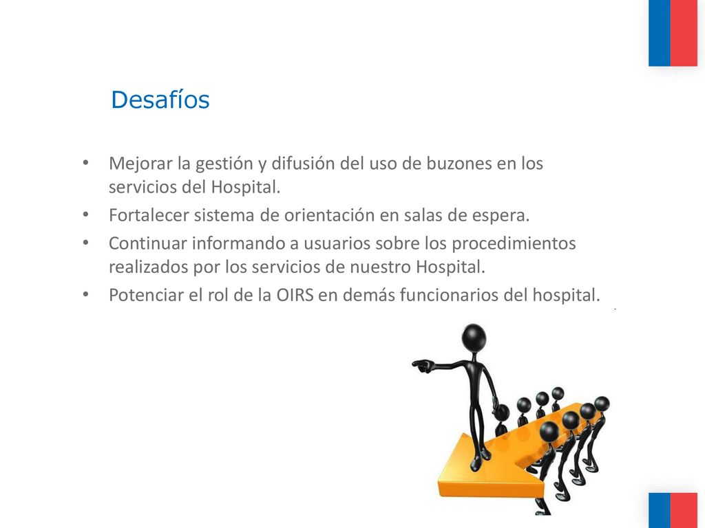 Desafíos Mejorar la gestión y difusión del uso de buzones en los servicios del Hospital. Fortalecer sistema de orientación en salas de espera.