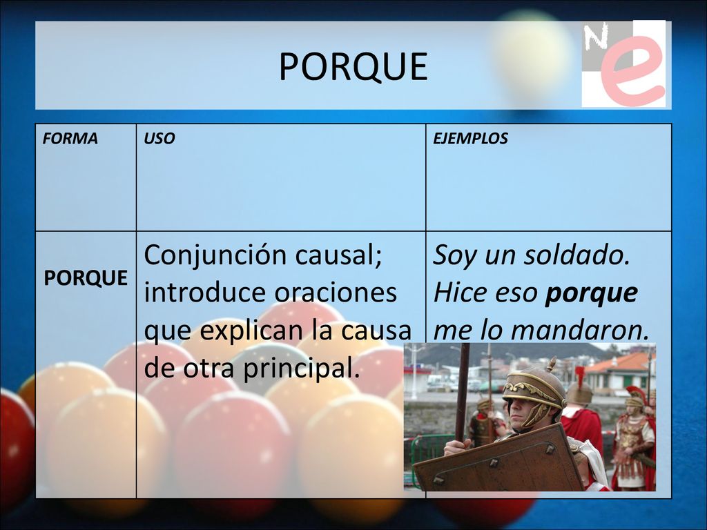 PORQUE FORMA. USO. EJEMPLOS. PORQUE. Conjunción causal; introduce oraciones que explican la causa de otra principal.