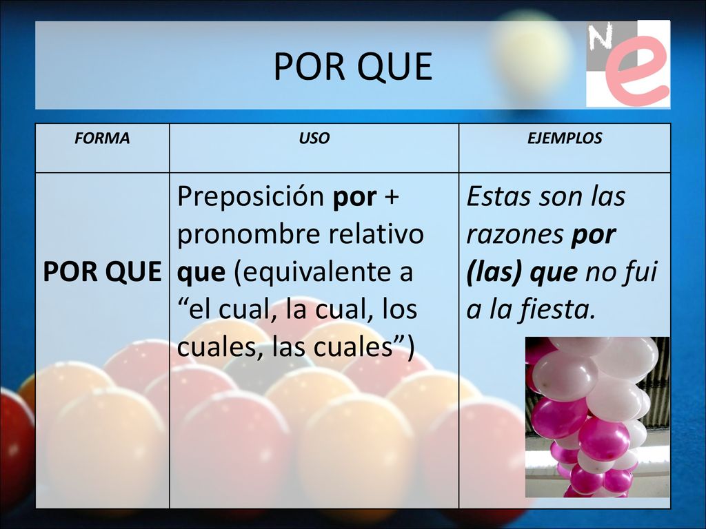 POR QUE FORMA. USO. EJEMPLOS. POR QUE. Preposición por + pronombre relativo que (equivalente a el cual, la cual, los cuales, las cuales )