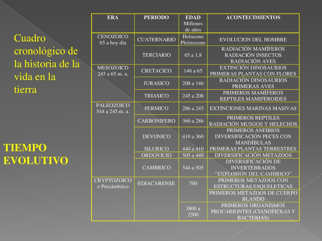 Cuadro cronológico de la historia de la vida en la tierra