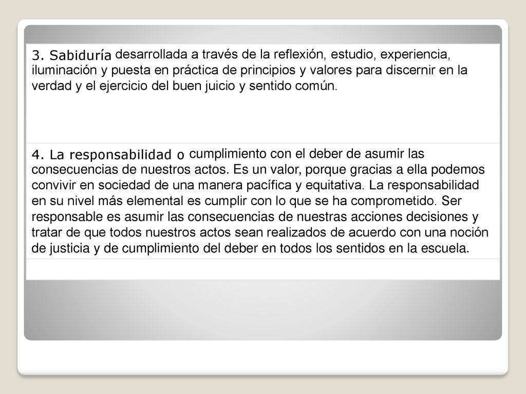 3. Sabiduría desarrollada a través de la reflexión, estudio, experiencia, iluminación y puesta en práctica de principios y valores para discernir en la verdad y el ejercicio del buen juicio y sentido común.