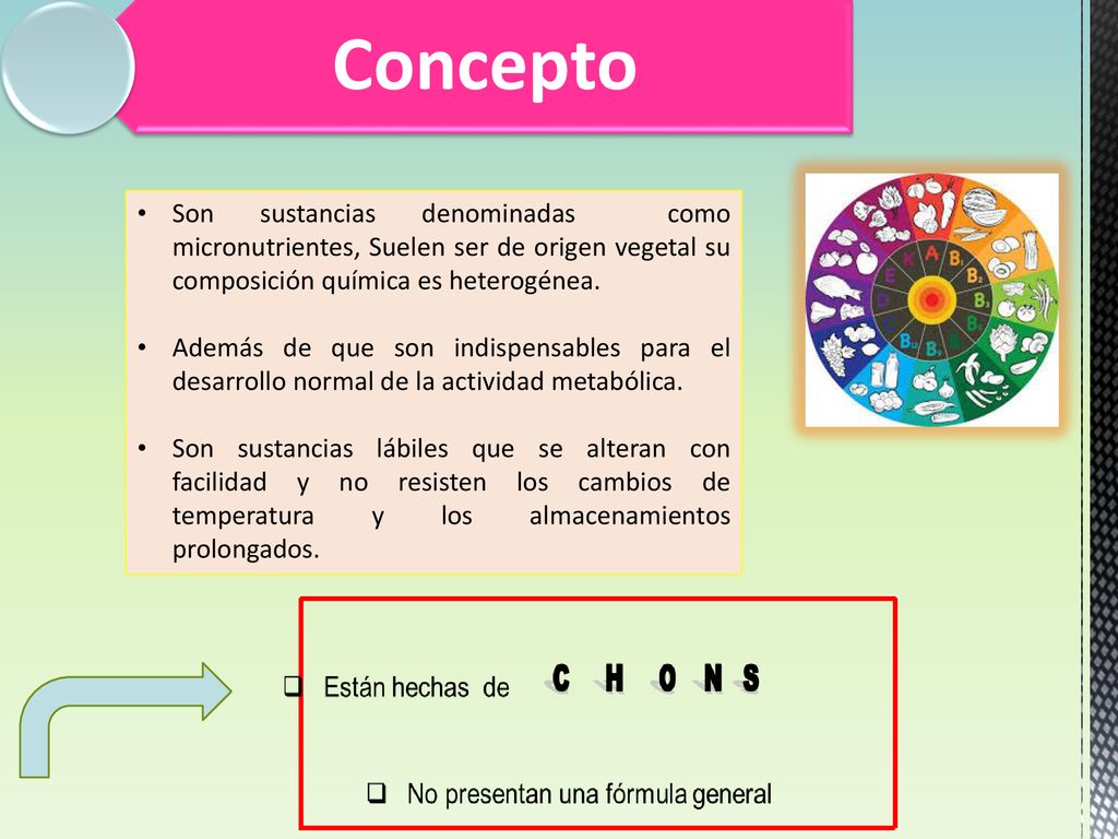 Concepto Son sustancias denominadas como micronutrientes, Suelen ser de origen vegetal su composición química es heterogénea.