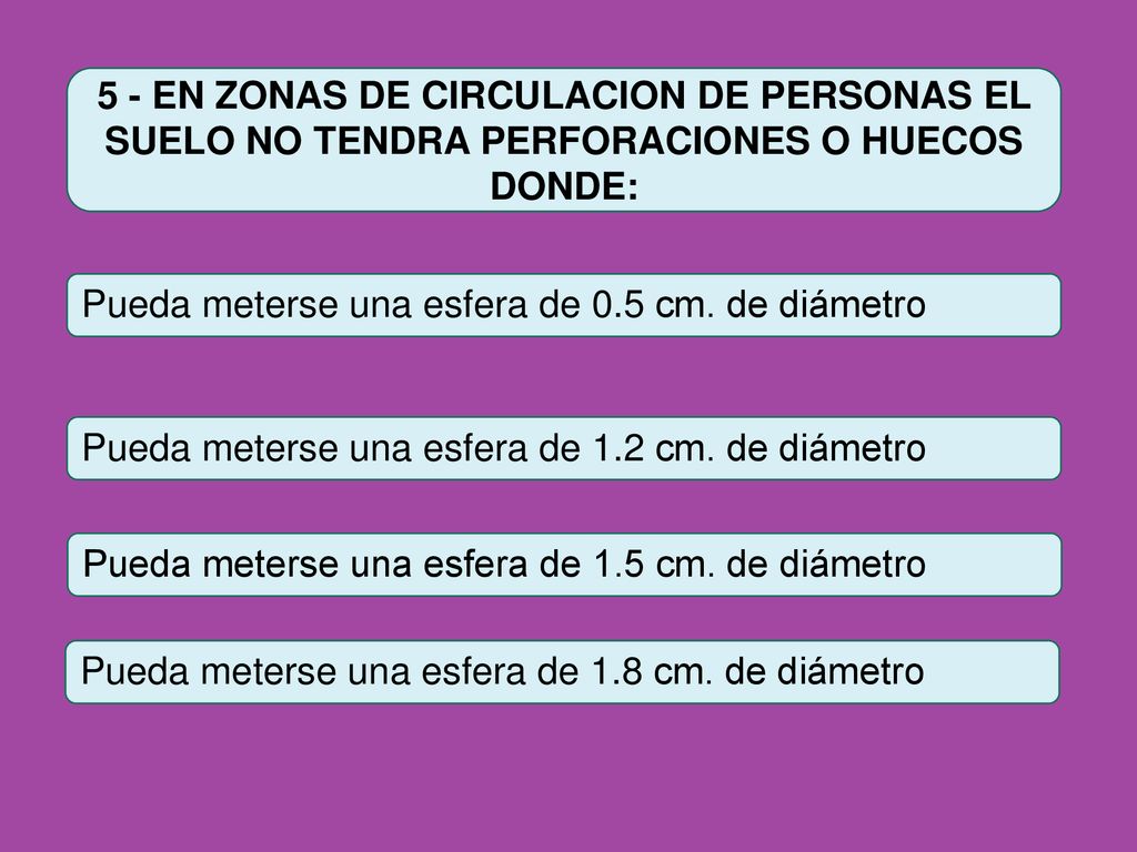 5 - EN ZONAS DE CIRCULACION DE PERSONAS EL SUELO NO TENDRA PERFORACIONES O HUECOS DONDE: