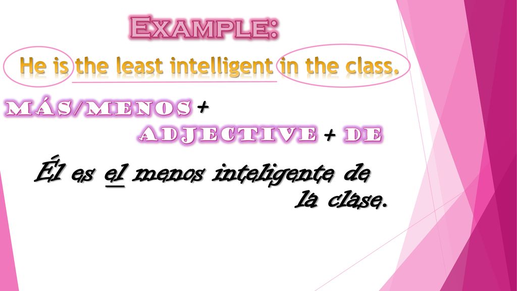 He is the least intelligent in the class. el menos inteligente de