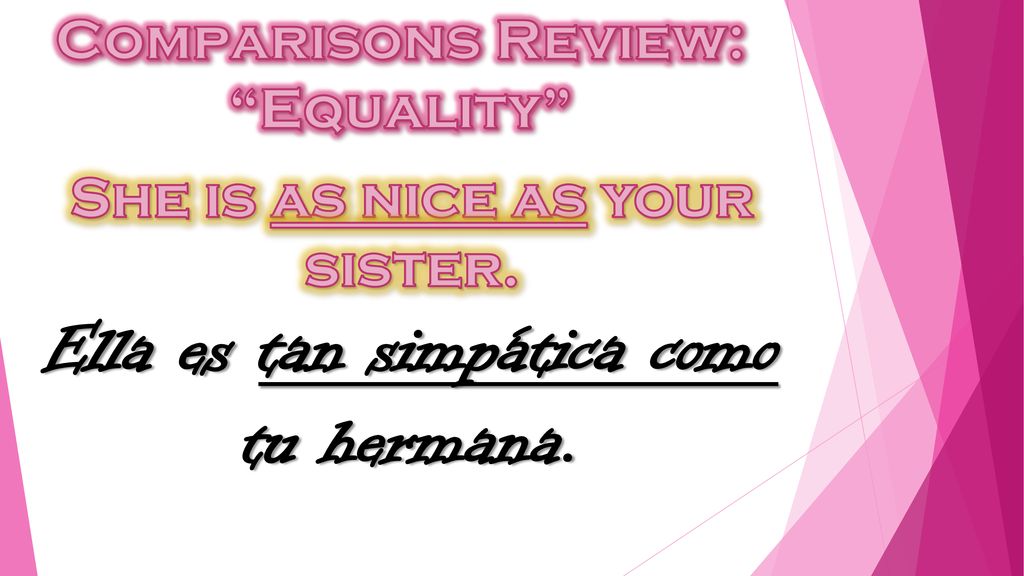 She is as nice as your sister. Ella es tan simpática como tu hermana.