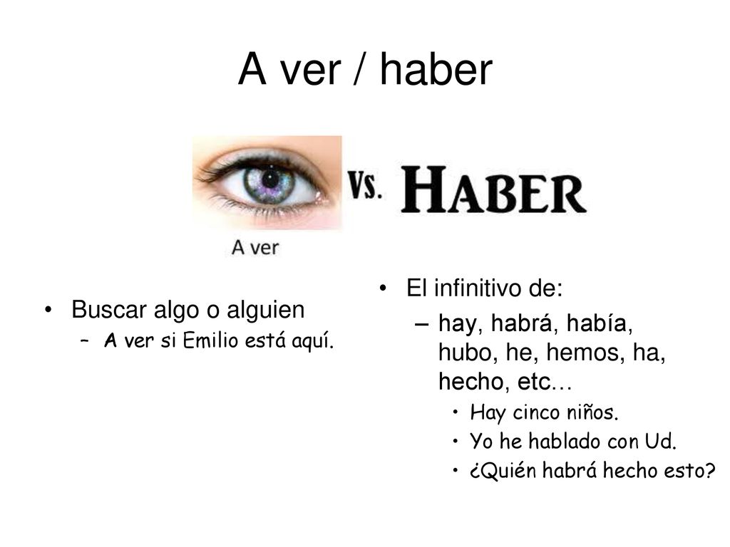A ver / haber Buscar algo o alguien El infinitivo de: