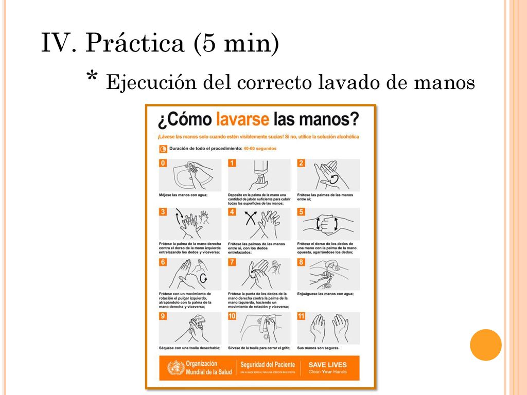 * Ejecución del correcto lavado de manos