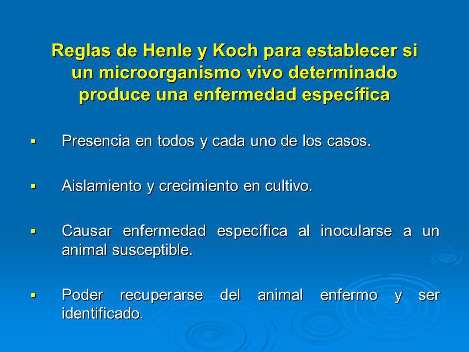 Reglas de Henle y Koch para establecer si un microorganismo vivo determinado produce una enfermedad específica
