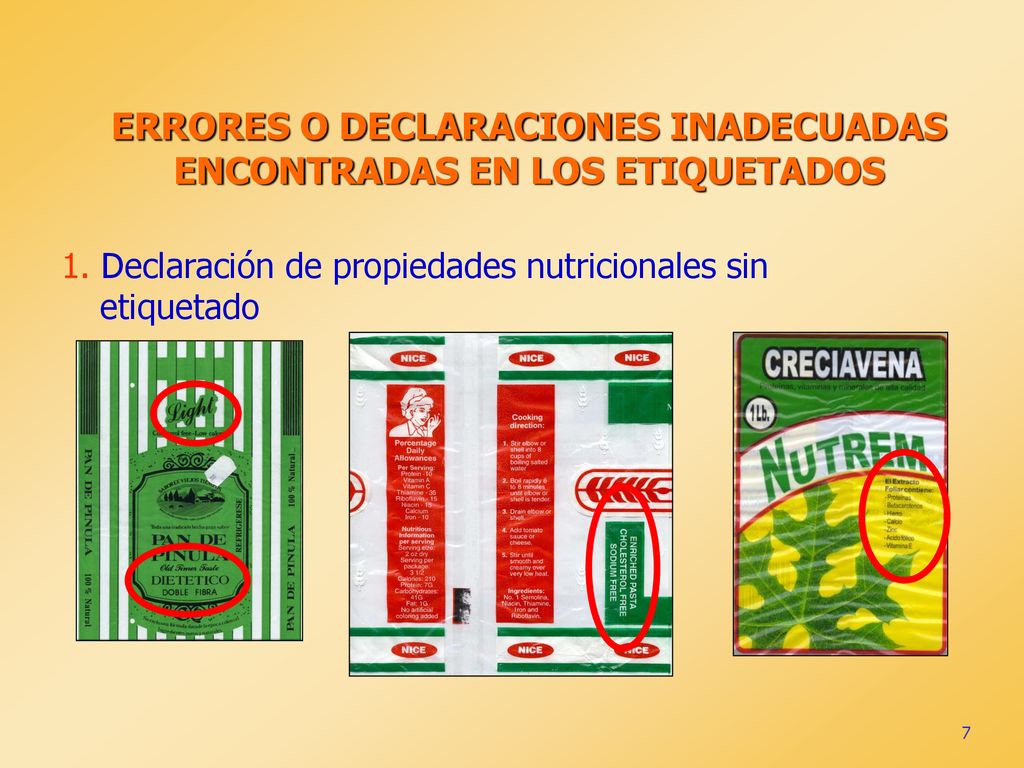 ERRORES O DECLARACIONES INADECUADAS ENCONTRADAS EN LOS ETIQUETADOS