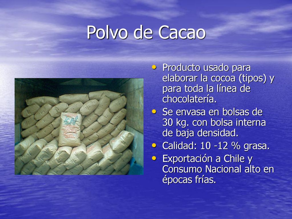Polvo de Cacao Producto usado para elaborar la cocoa (tipos) y para toda la línea de chocolatería.
