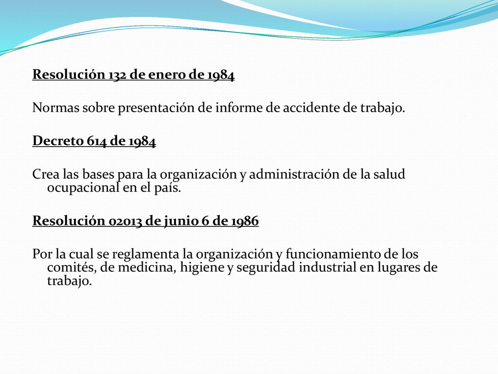 Resolución 132 de enero de 1984 Normas sobre presentación de informe de accidente de trabajo.