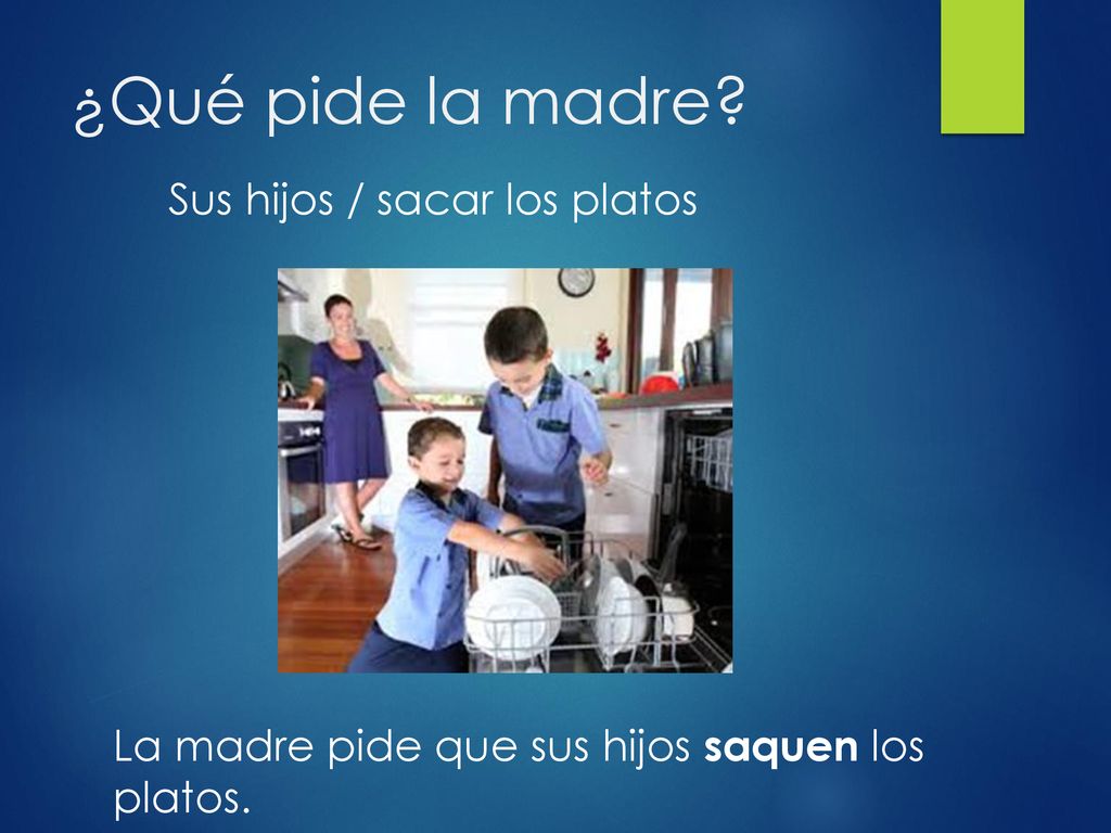 ¿Qué pide la madre Sus hijos / sacar los platos