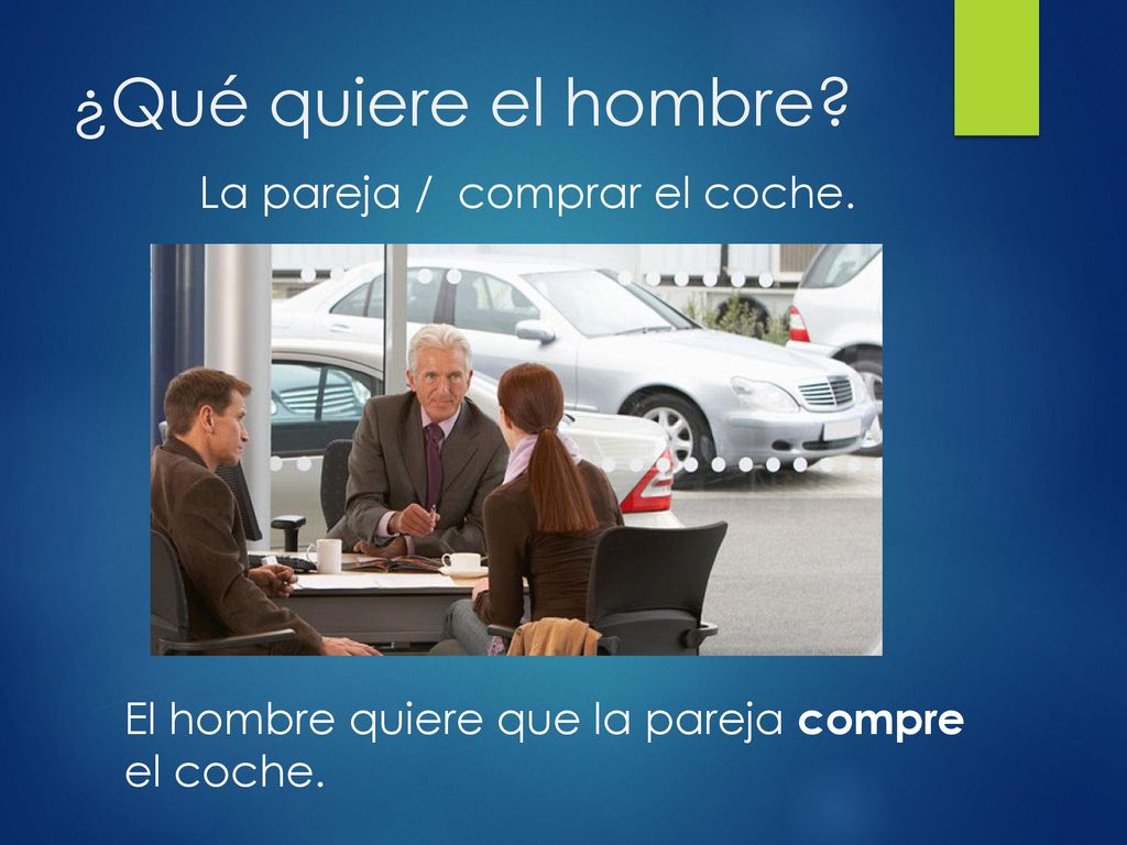 ¿Qué quiere el hombre La pareja / comprar el coche.