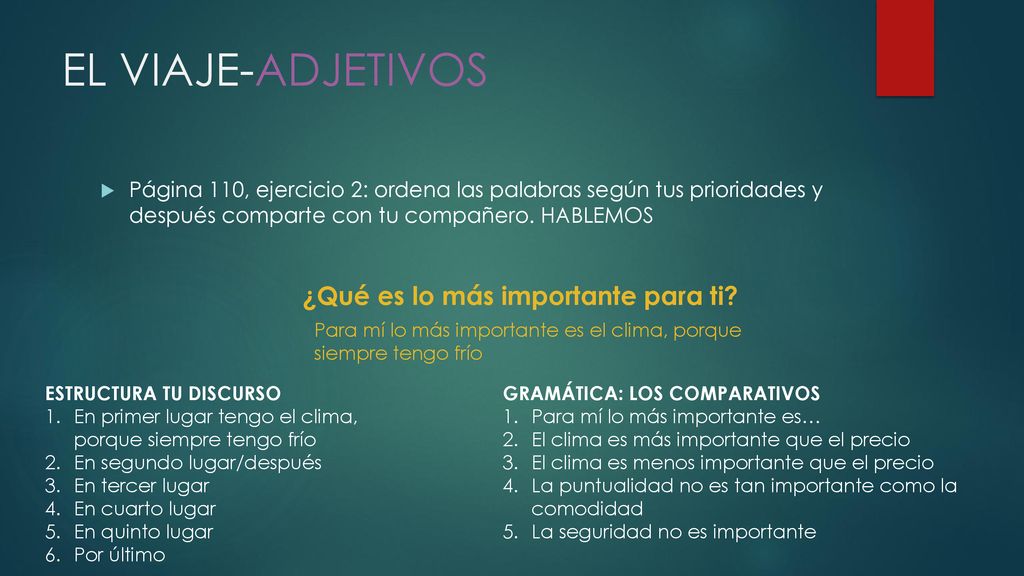 EL VIAJE-ADJETIVOS ¿Qué es lo más importante para ti