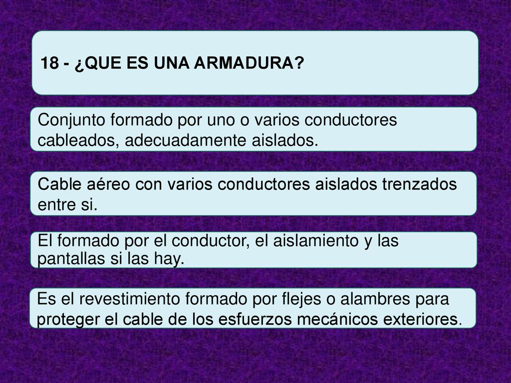 18 - ¿QUE ES UNA ARMADURA Conjunto formado por uno o varios conductores cableados, adecuadamente aislados.