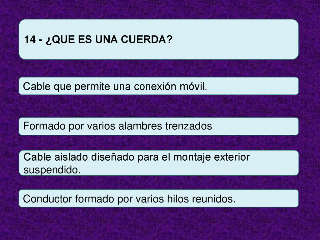 14 - ¿QUE ES UNA CUERDA Cable que permite una conexión móvil. Formado por varios alambres trenzados.