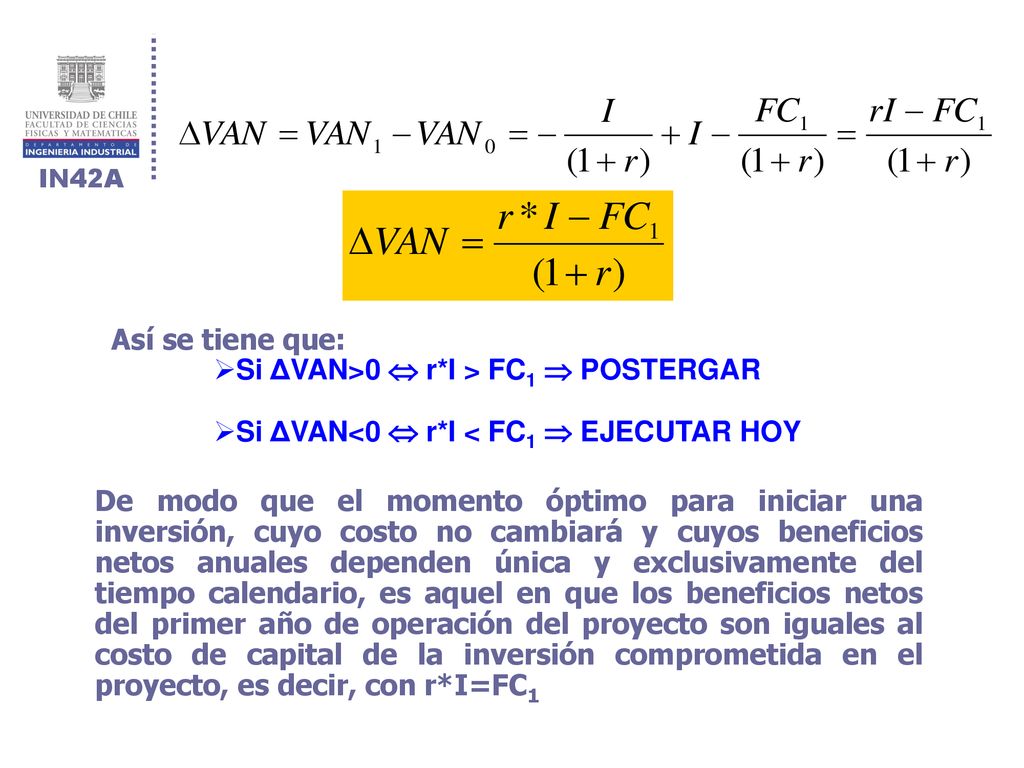 Así se tiene que: Si ΔVAN>0  r*I > FC1  POSTERGAR. Si ΔVAN<0  r*I < FC1  EJECUTAR HOY.