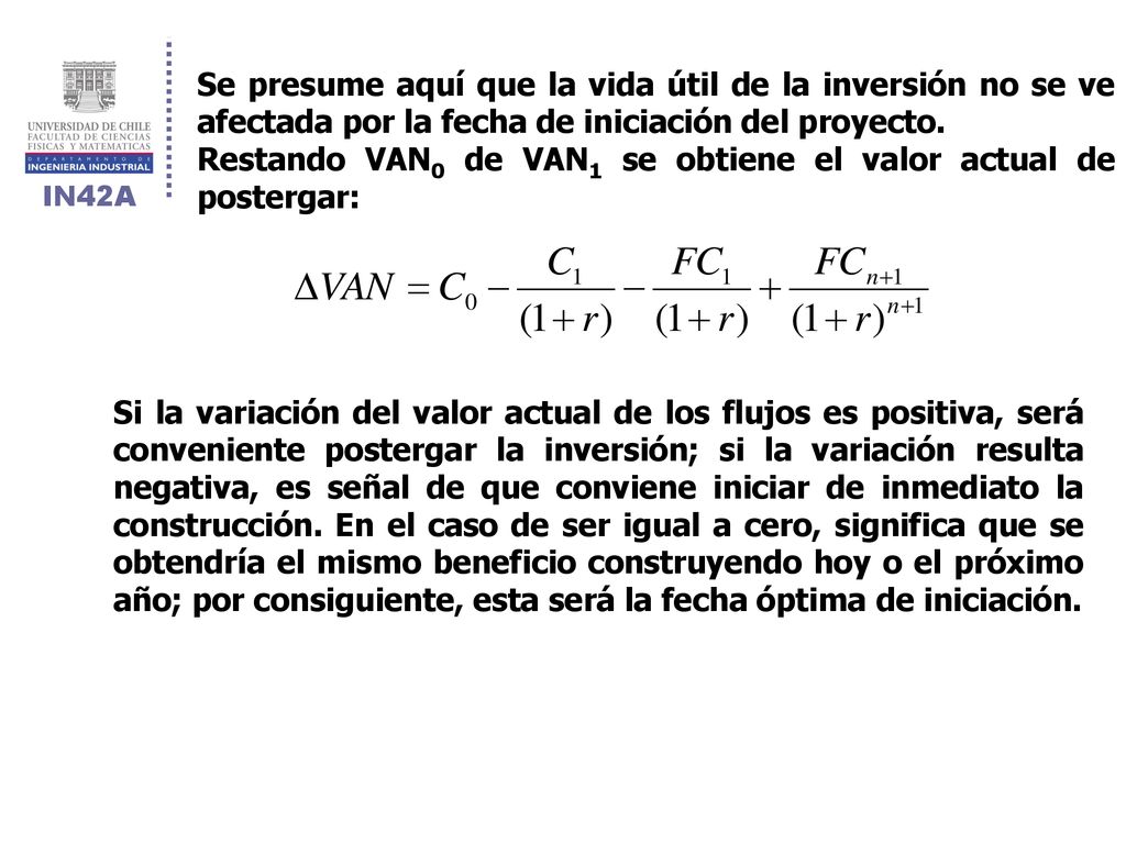 Se presume aquí que la vida útil de la inversión no se ve afectada por la fecha de iniciación del proyecto.