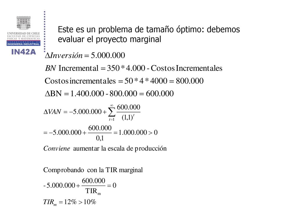 Este es un problema de tamaño óptimo: debemos evaluar el proyecto marginal
