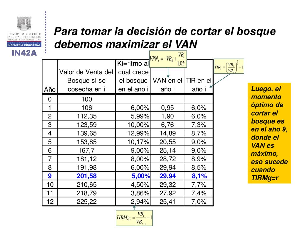 Para tomar la decisión de cortar el bosque debemos maximizar el VAN