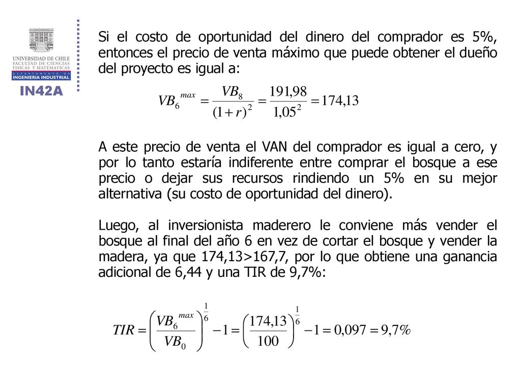 Si el costo de oportunidad del dinero del comprador es 5%, entonces el precio de venta máximo que puede obtener el dueño del proyecto es igual a: