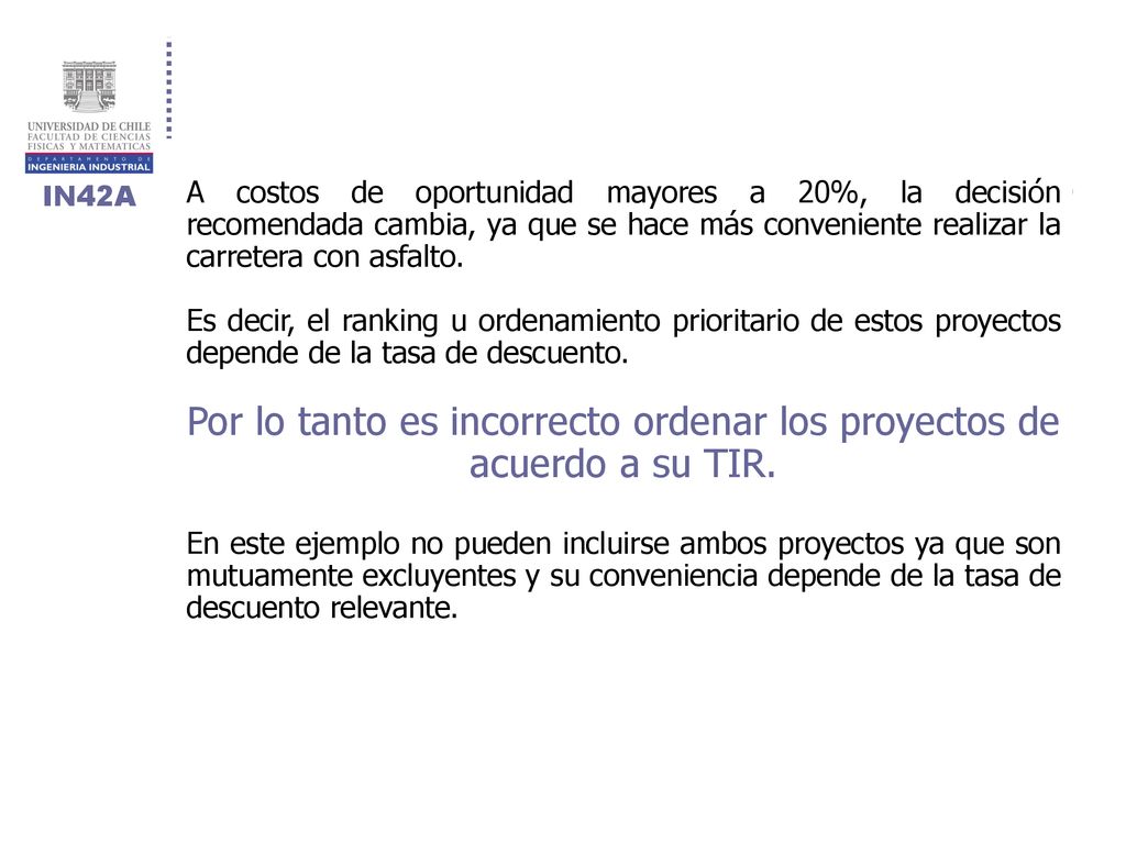 Por lo tanto es incorrecto ordenar los proyectos de acuerdo a su TIR.