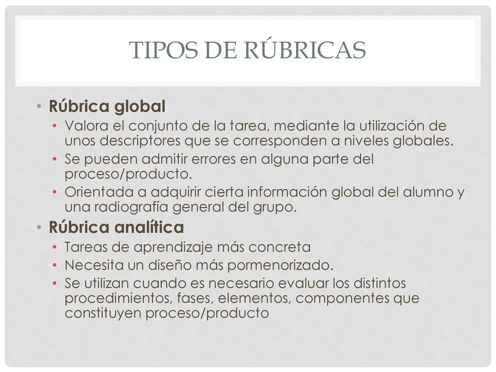 Tipos de Rúbricas Rúbrica global Rúbrica analítica