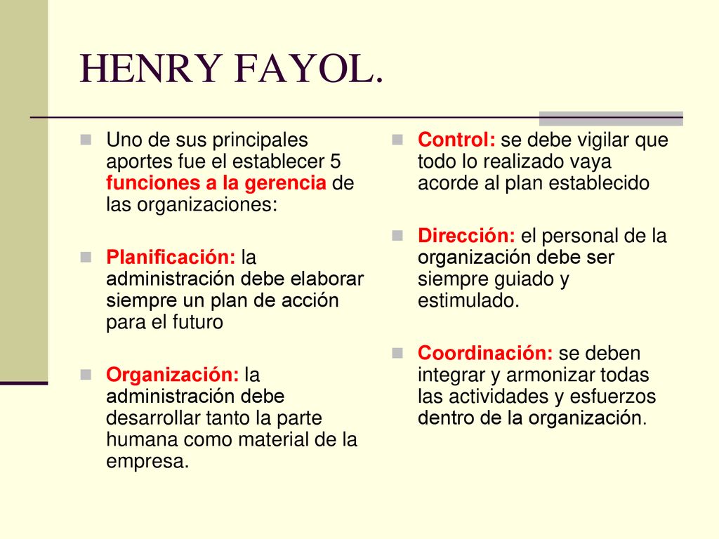 HENRY FAYOL. Uno de sus principales aportes fue el establecer 5 funciones a la gerencia de las organizaciones: