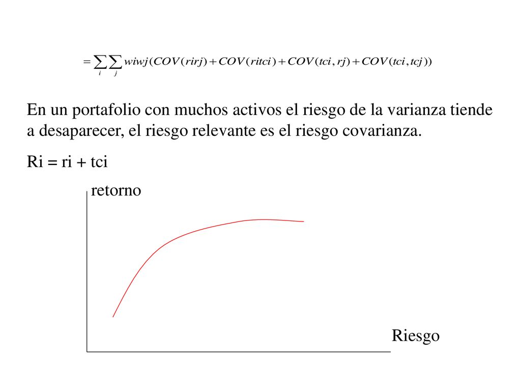 En un portafolio con muchos activos el riesgo de la varianza tiende a desaparecer, el riesgo relevante es el riesgo covarianza.