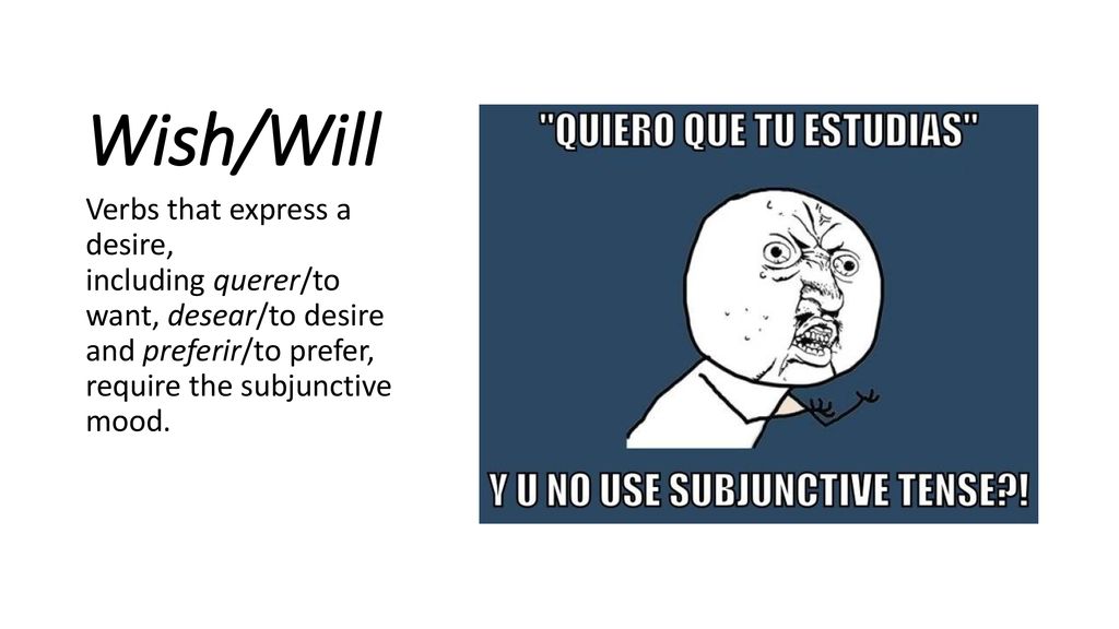 Wish/Will Verbs that express a desire, including querer/to want, desear/to desire and preferir/to prefer, require the subjunctive mood.