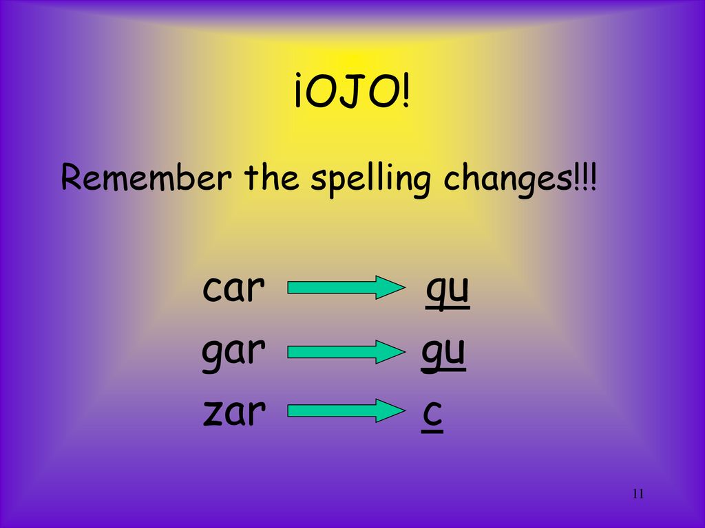 ¡OJO! Remember the spelling changes!!! car qu gar gu zar c