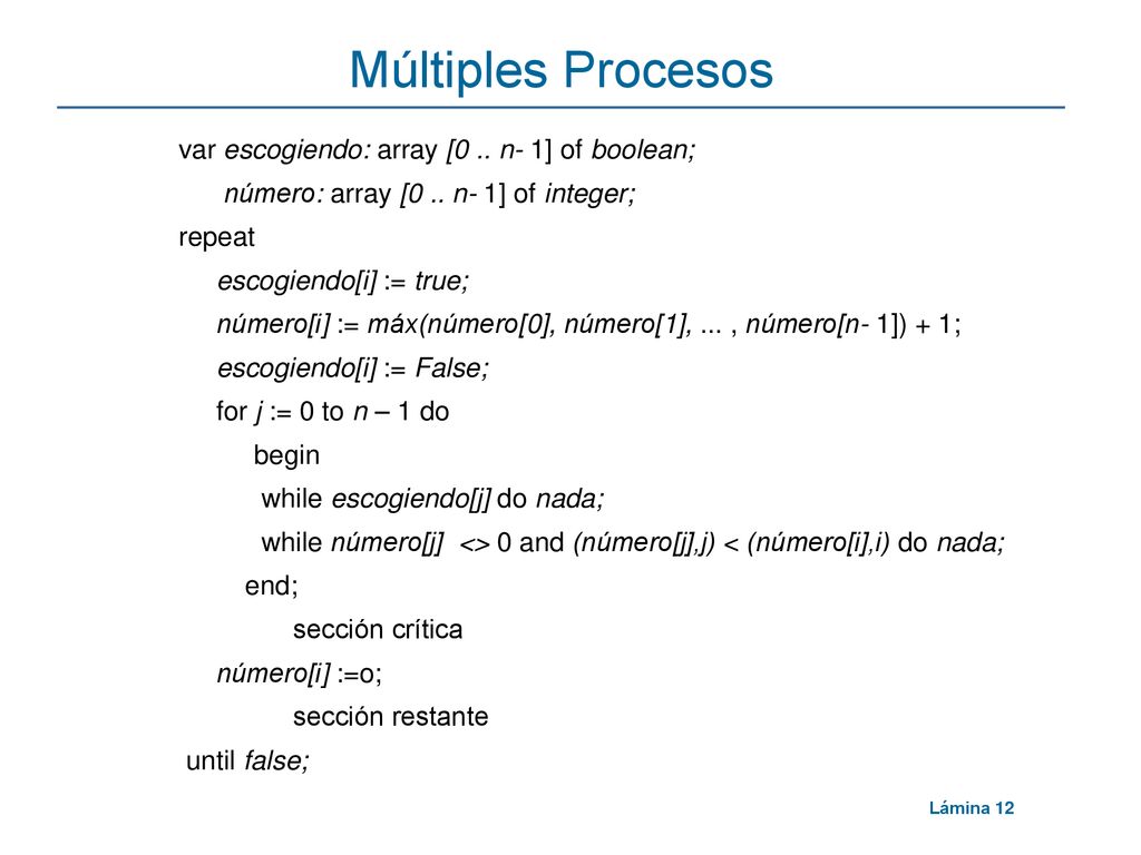 Múltiples Procesos var escogiendo: array [0 .. n- 1] of boolean;