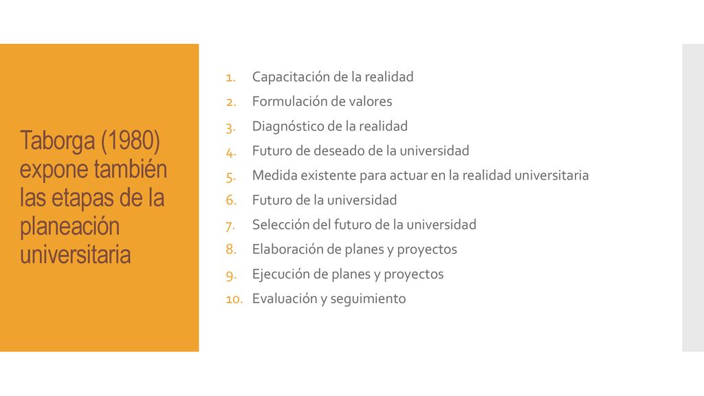 Taborga (1980) expone también las etapas de la planeación universitaria