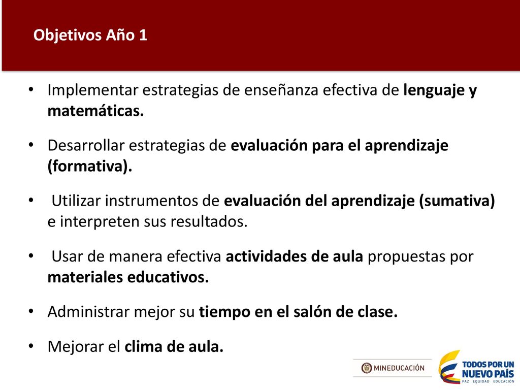 Objetivos Año 1 Implementar estrategias de enseñanza efectiva de lenguaje y matemáticas.
