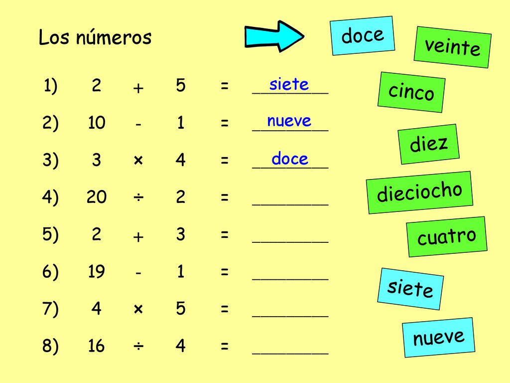 doce Los números veinte + - cinco × diez ÷ dieciocho cuatro siete