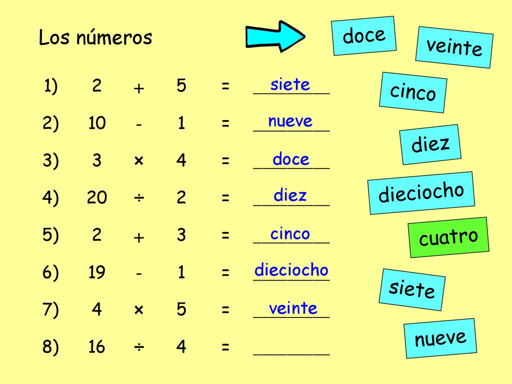 doce Los números veinte + - cinco × diez ÷ dieciocho cuatro siete