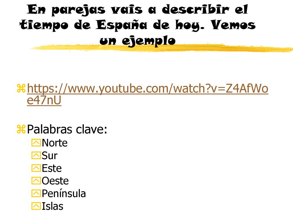 En parejas vais a describir el tiempo de España de hoy
