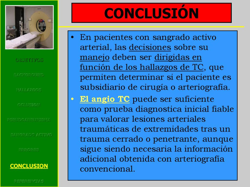 O OBJETIVOS. BACKGROUND. HALLAZGOS. OCLUSION. PSEUDOANEURISMA. SANGRADO ACTIVO. ERRORES. CONCLUSION.