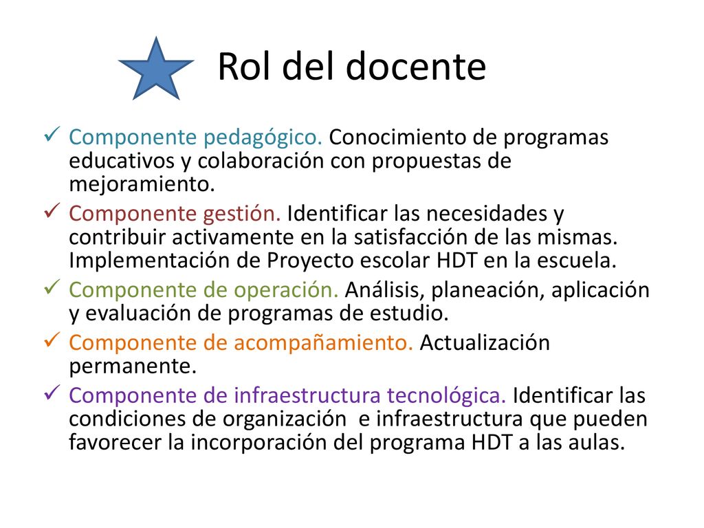 Rol del docente Componente pedagógico. Conocimiento de programas educativos y colaboración con propuestas de mejoramiento.