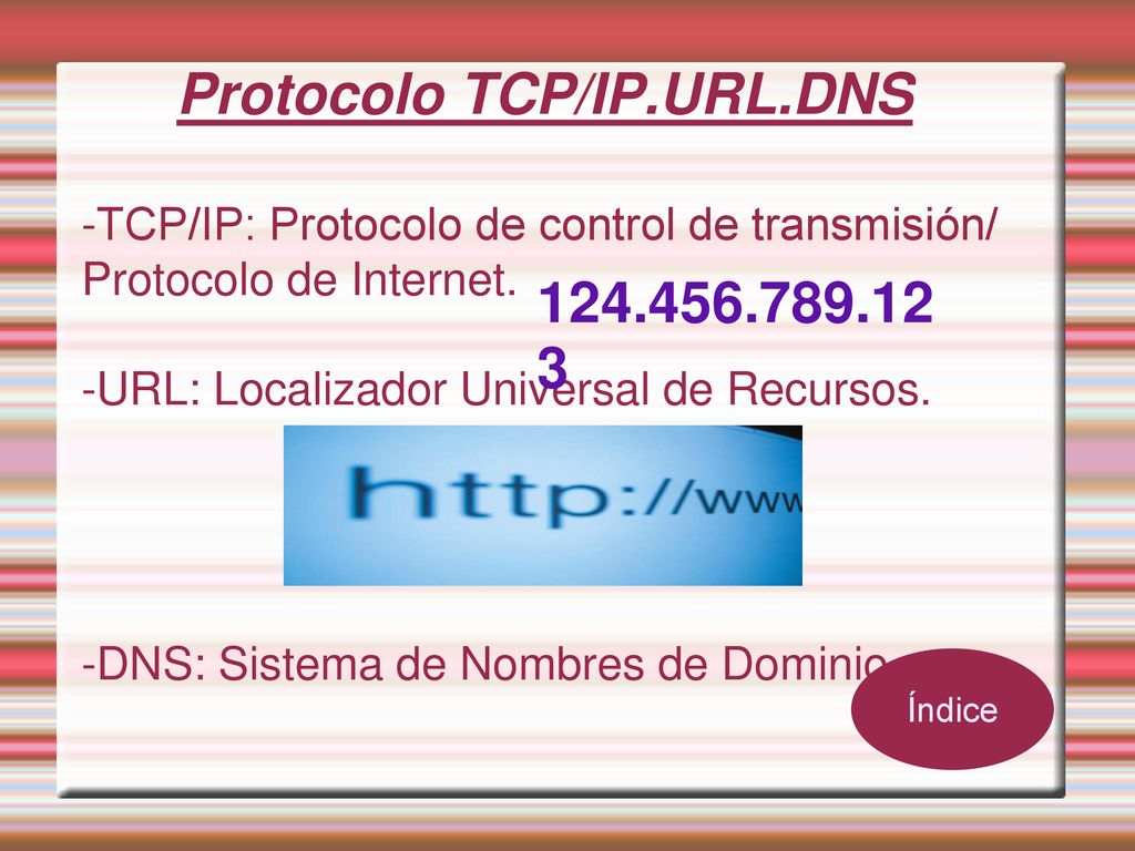 Protocolo TCP/IP.URL.DNS -TCP/IP: Protocolo de control de transmisión/ Protocolo de Internet. -URL: Localizador Universal de Recursos. -DNS: Sistema de Nombres de Dominio.