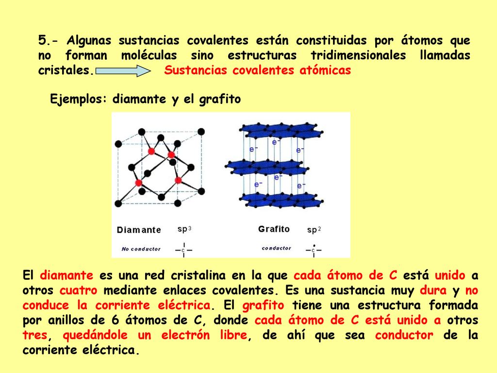 5.- Algunas sustancias covalentes están constituidas por átomos que no forman moléculas sino estructuras tridimensionales llamadas cristales. Sustancias covalentes atómicas