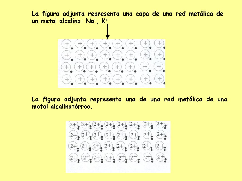 La figura adjunta representa una capa de una red metálica de un metal alcalino: Na+, K+