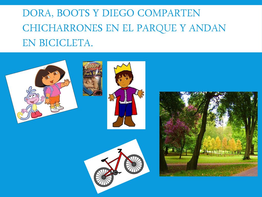 Dora, Boots y diego comparten chicharrones en el parque y andan en bicicleta.