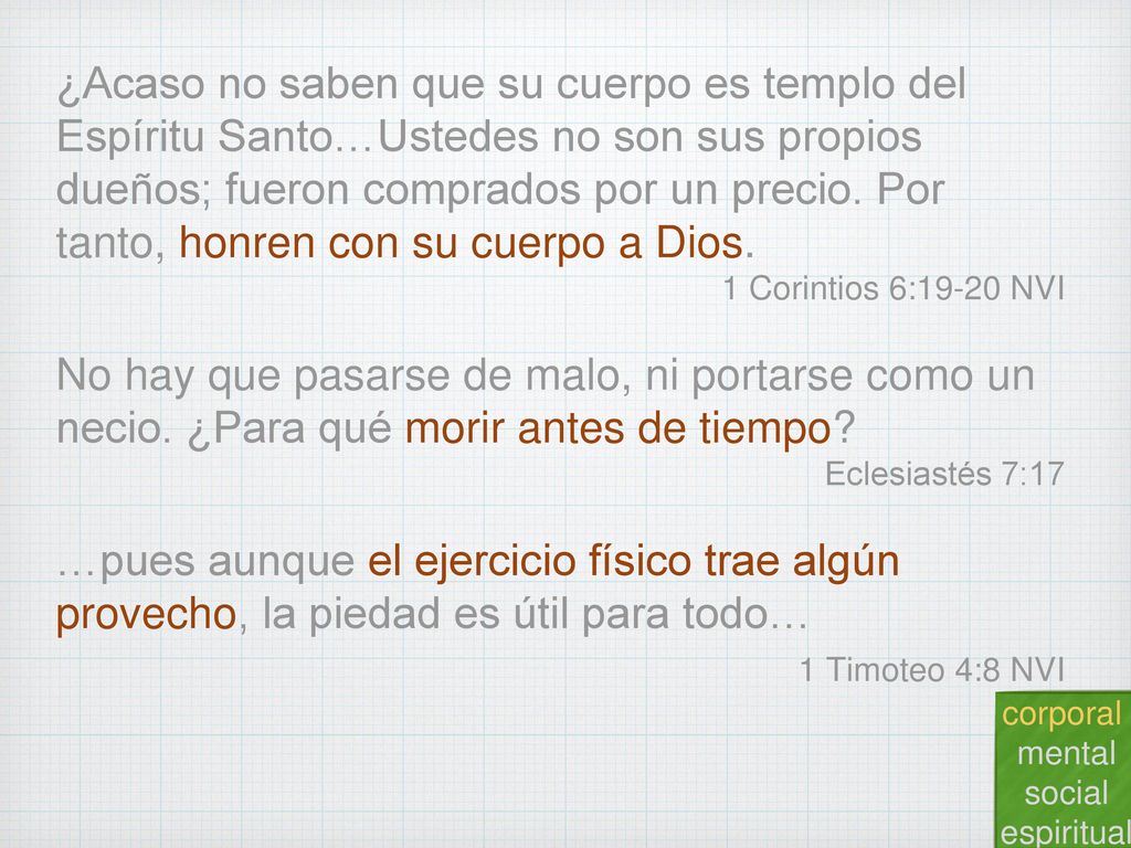 ¿Acaso no saben que su cuerpo es templo del Espíritu Santo…Ustedes no son sus propios dueños; fueron comprados por un precio. Por tanto, honren con su cuerpo a Dios.