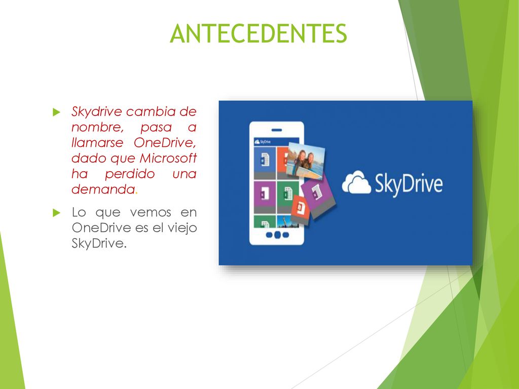 ANTECEDENTES Skydrive cambia de nombre, pasa a llamarse OneDrive, dado que Microsoft ha perdido una demanda.