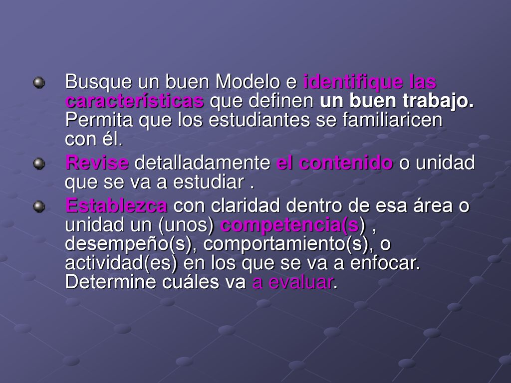 Busque un buen Modelo e identifique las características que definen un buen trabajo. Permita que los estudiantes se familiaricen con él.