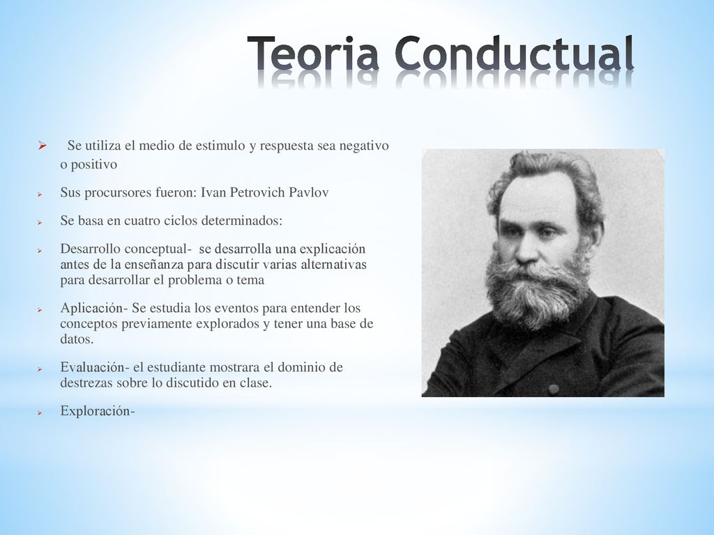 Teoria Conductual Se utiliza el medio de estimulo y respuesta sea negativo o positivo. Sus procursores fueron: Ivan Petrovich Pavlov.