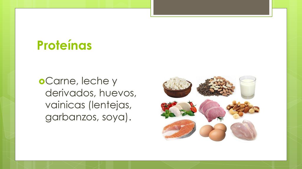 Proteínas Carne, leche y derivados, huevos, vainicas (lentejas, garbanzos, soya).