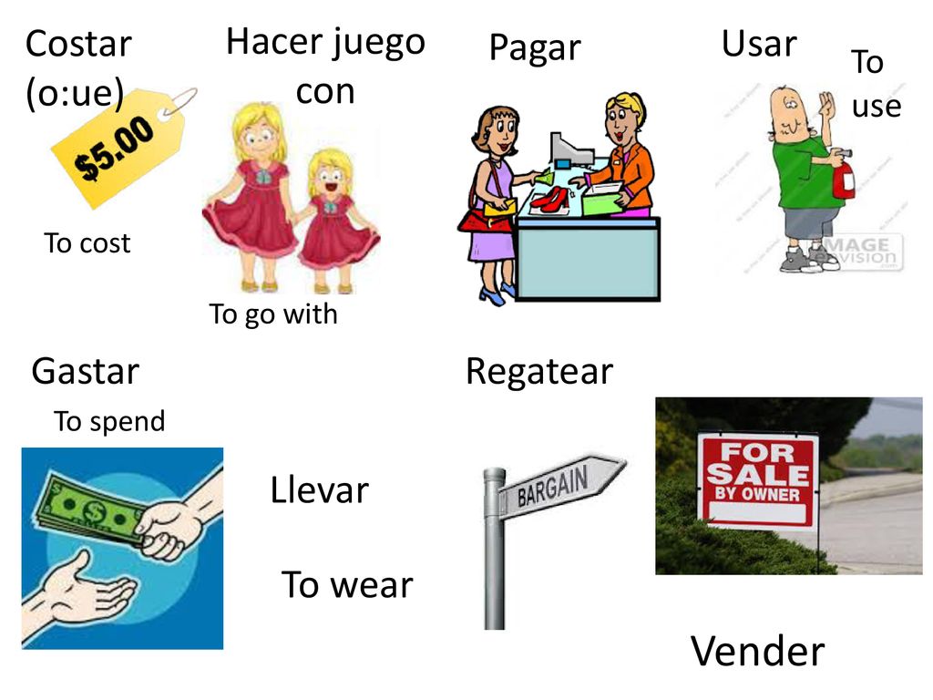Vender Costar (o:ue) Hacer juego con Pagar Usar Gastar Regatear Llevar